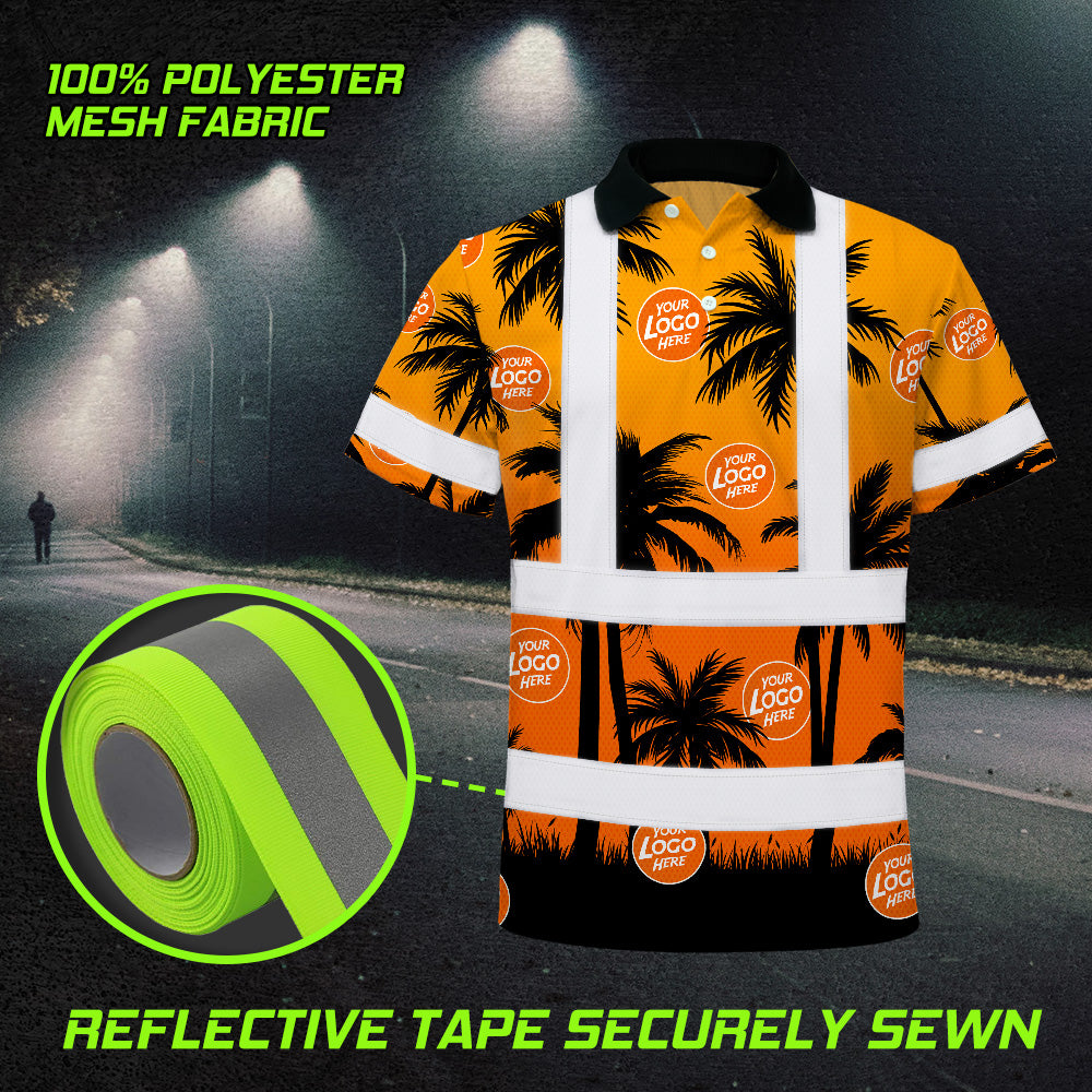 Hi Vis Polo Shirt Reflective Tapes Orange And Black Flowers Custom Name And Logo Safety Workwear For Workers, Truckers, Operators, Company