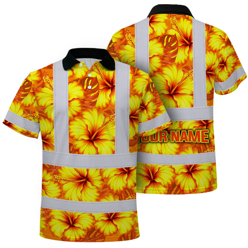 Hi Vis Polo Shirt Reflective Tapes Orange Neon And Yellow Flowers Custom Name Safety Workwear For Workers, Truckers, Operators