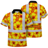 Hi Vis Polo Shirt Reflective Tapes Orange Neon And Yellow Flowers Custom Name Safety Workwear For Workers, Truckers, Operators