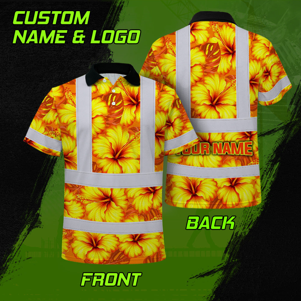Hi Vis Polo Shirt Reflective Tapes Orange Neon And Yellow Flowers Custom Name Safety Workwear For Workers, Truckers, Operators