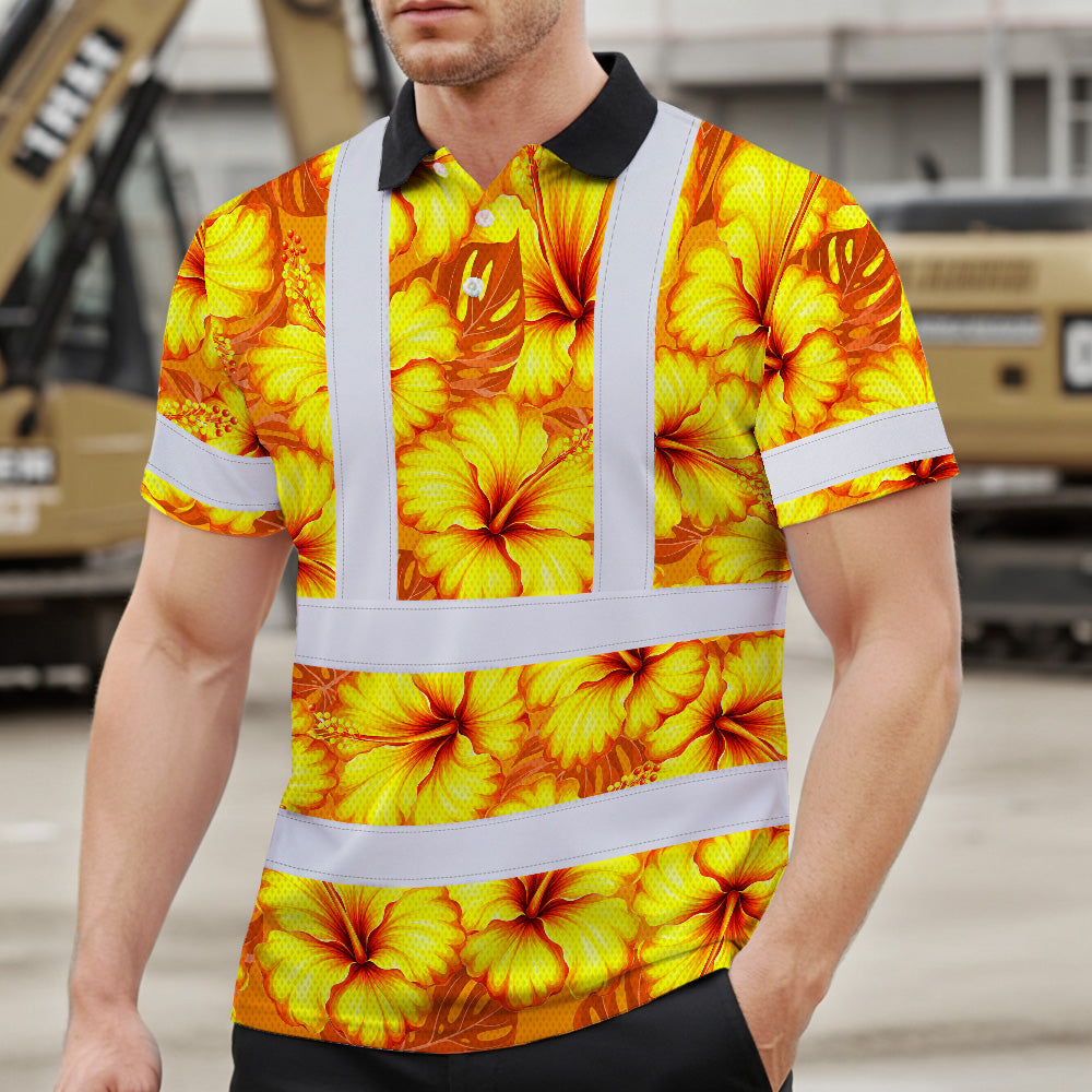 Hi Vis Polo Shirt Reflective Tapes Orange Neon And Yellow Flowers Custom Name Safety Workwear For Workers, Truckers, Operators