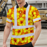 Hi Vis Polo Shirt Reflective Tapes Orange Neon And Yellow Flowers Custom Name Safety Workwear For Workers, Truckers, Operators