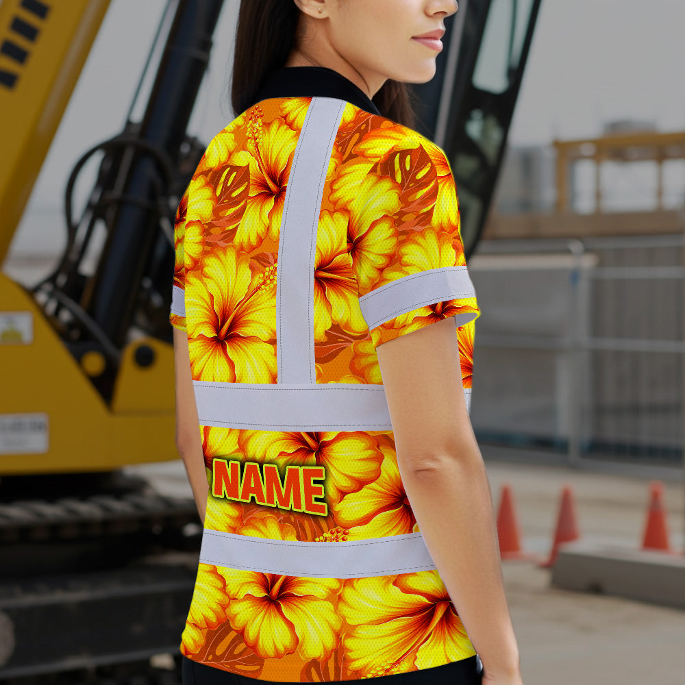 Hi Vis Polo Shirt Reflective Tapes Orange Neon And Yellow Flowers Custom Name Safety Workwear For Workers, Truckers, Operators