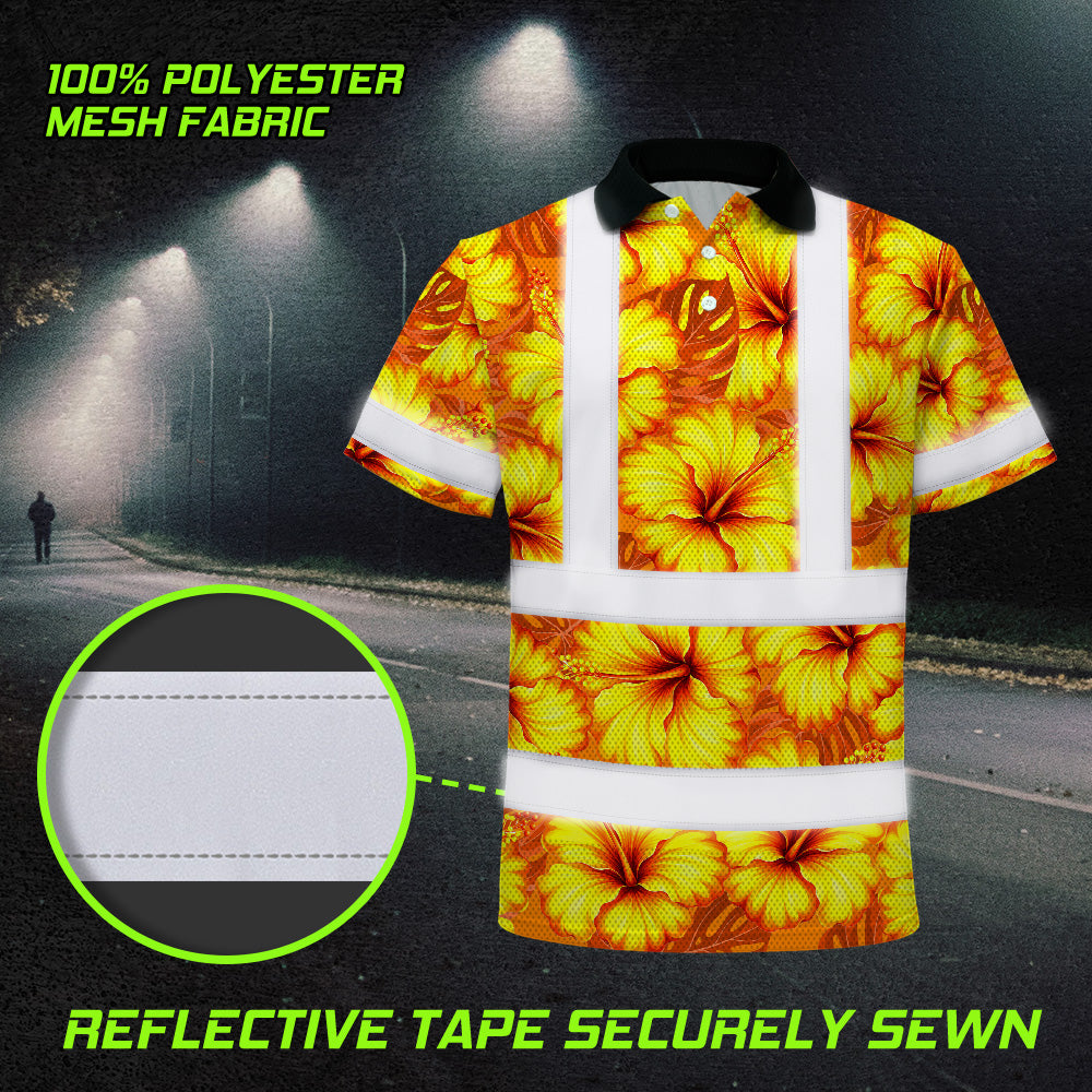 Hi Vis Polo Shirt Reflective Tapes Orange Neon And Yellow Flowers Custom Name Safety Workwear For Workers, Truckers, Operators