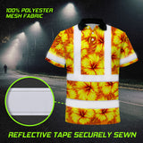 Hi Vis Polo Shirt Reflective Tapes Orange Neon And Yellow Flowers Custom Name Safety Workwear For Workers, Truckers, Operators