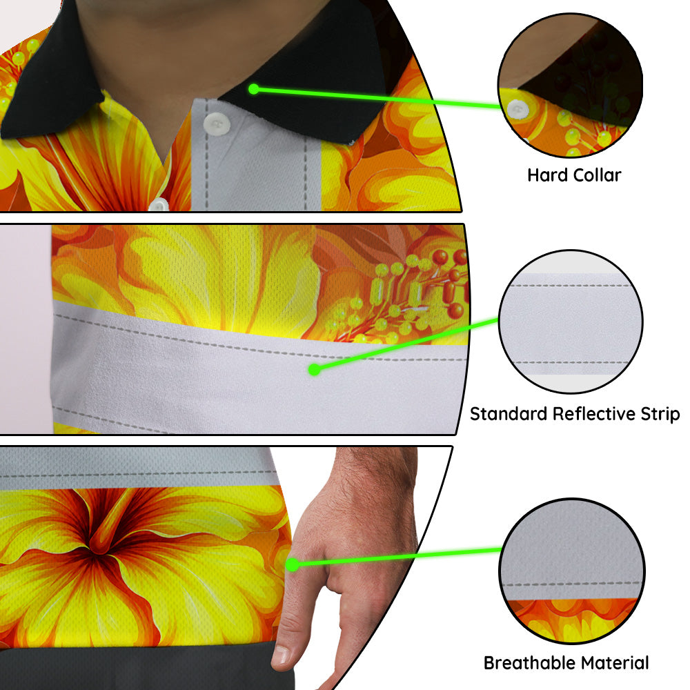 Hi Vis Polo Shirt Reflective Tapes Orange Neon And Yellow Flowers Custom Name Safety Workwear For Workers, Truckers, Operators