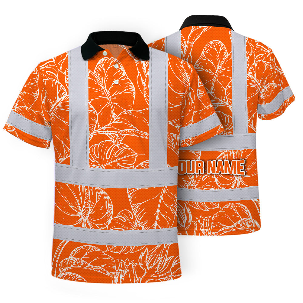Hi Vis Polo Shirt Reflective Tapes Orange Neon Flowers Custom Name Safety Workwear For Workers, Truckers, Operators