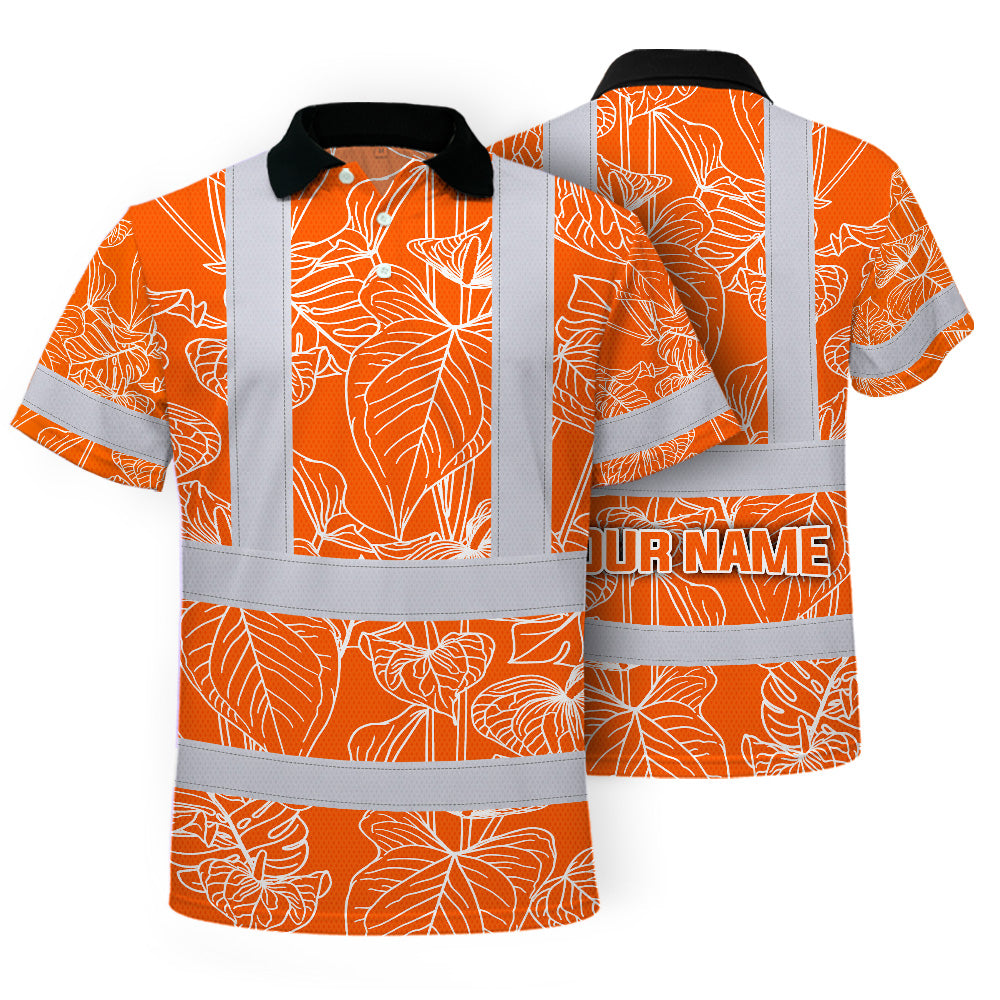 Hi Vis Polo Shirt Reflective Tapes Orange Neon Flowers Custom Name Safety Workwear For Workers, Truckers, Operators