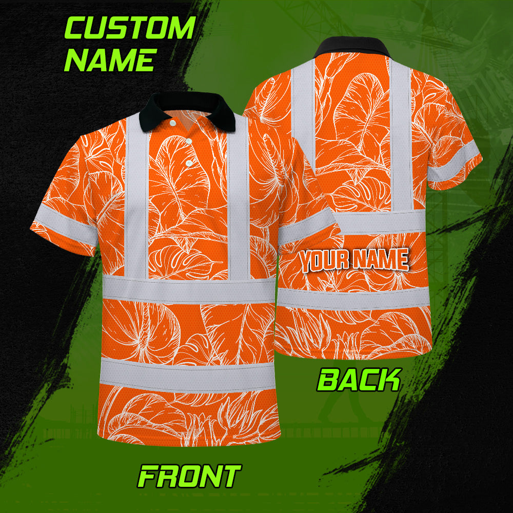 Hi Vis Polo Shirt Reflective Tapes Orange Neon Flowers Custom Name Safety Workwear For Workers, Truckers, Operators