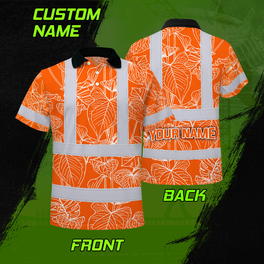 Hi Vis Polo Shirt Reflective Tapes Orange Neon Flowers Custom Name Safety Workwear For Workers, Truckers, Operators