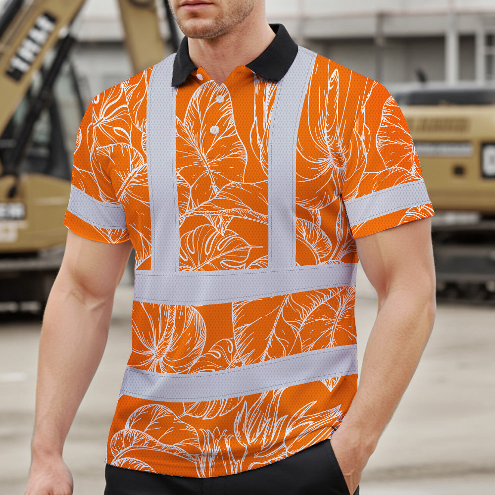 Hi Vis Polo Shirt Reflective Tapes Orange Neon Flowers Custom Name Safety Workwear For Workers, Truckers, Operators