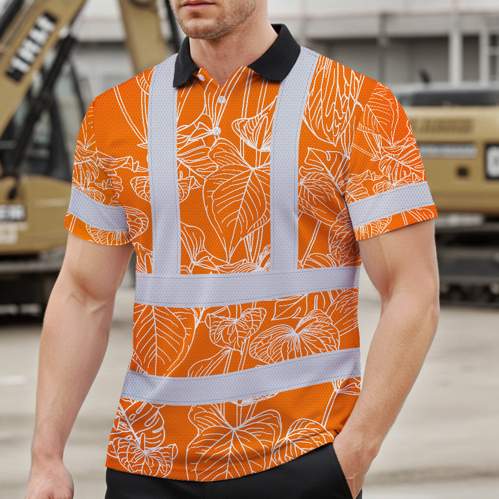 Hi Vis Polo Shirt Reflective Tapes Orange Neon Flowers Custom Name Safety Workwear For Workers, Truckers, Operators