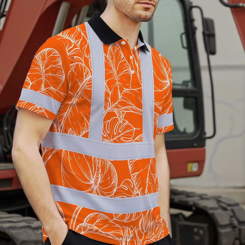 Hi Vis Polo Shirt Reflective Tapes Orange Neon Flowers Custom Name Safety Workwear For Workers, Truckers, Operators