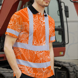 Hi Vis Polo Shirt Reflective Tapes Orange Neon Flowers Custom Name Safety Workwear For Workers, Truckers, Operators