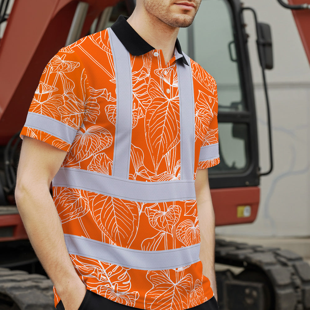 Hi Vis Polo Shirt Reflective Tapes Orange Neon Flowers Custom Name Safety Workwear For Workers, Truckers, Operators