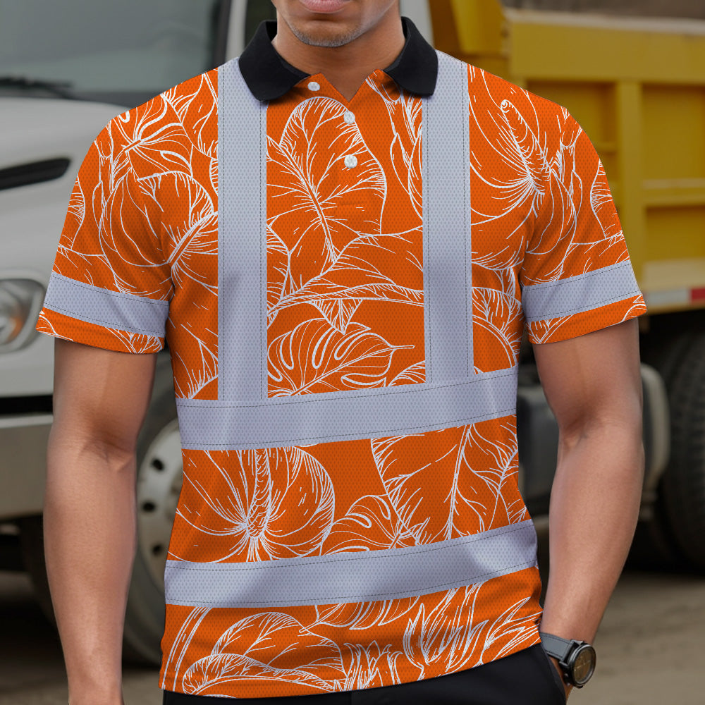 Hi Vis Polo Shirt Reflective Tapes Orange Neon Flowers Custom Name Safety Workwear For Workers, Truckers, Operators