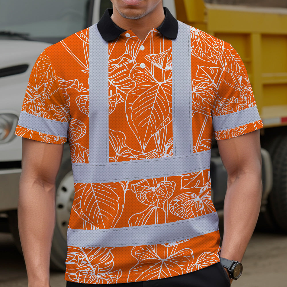 Hi Vis Polo Shirt Reflective Tapes Orange Neon Flowers Custom Name Safety Workwear For Workers, Truckers, Operators