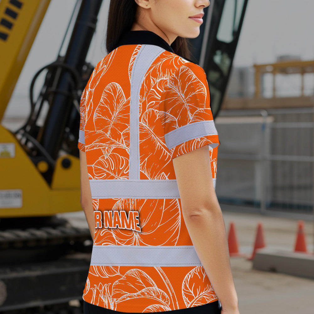 Hi Vis Polo Shirt Reflective Tapes Orange Neon Flowers Custom Name Safety Workwear For Workers, Truckers, Operators