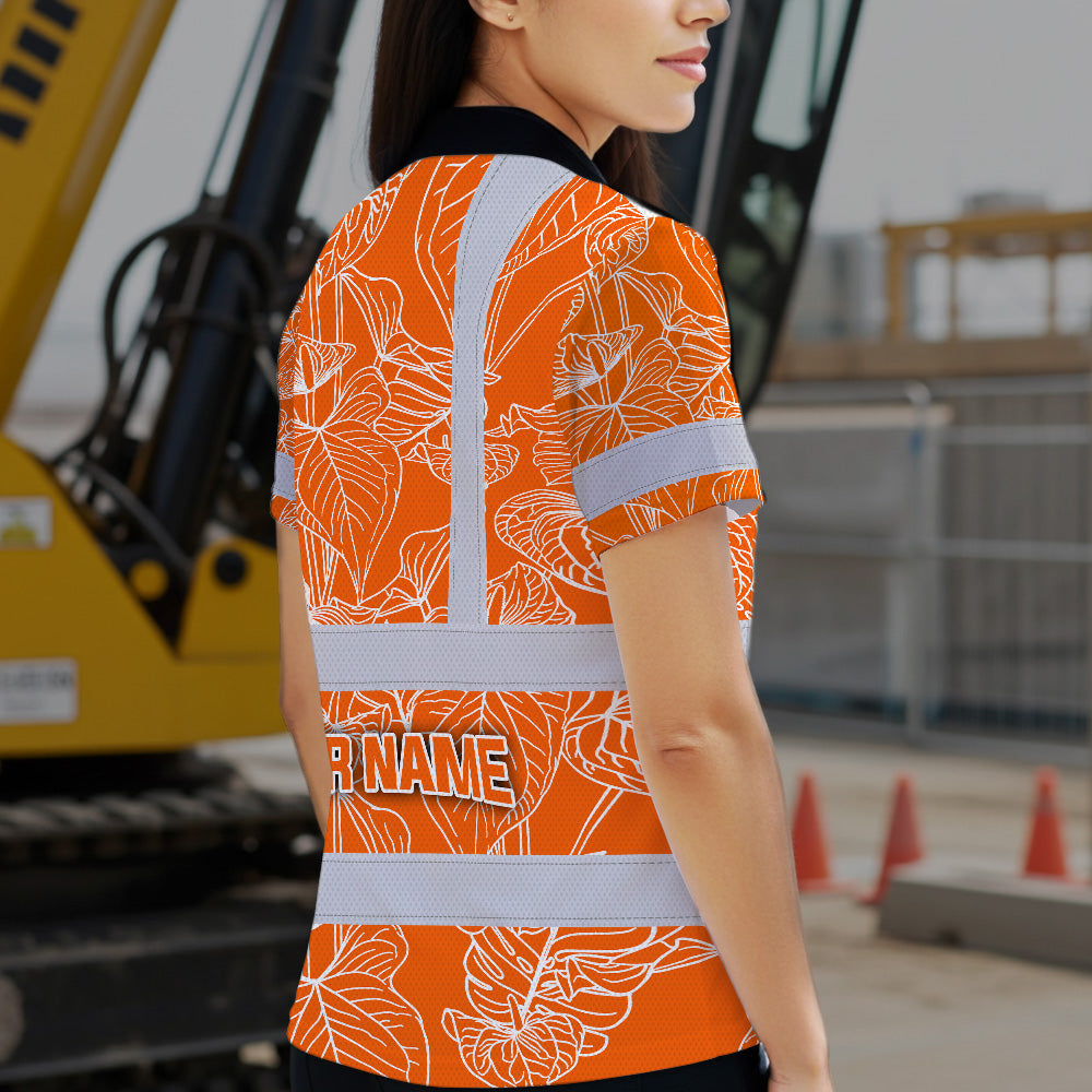 Hi Vis Polo Shirt Reflective Tapes Orange Neon Flowers Custom Name Safety Workwear For Workers, Truckers, Operators