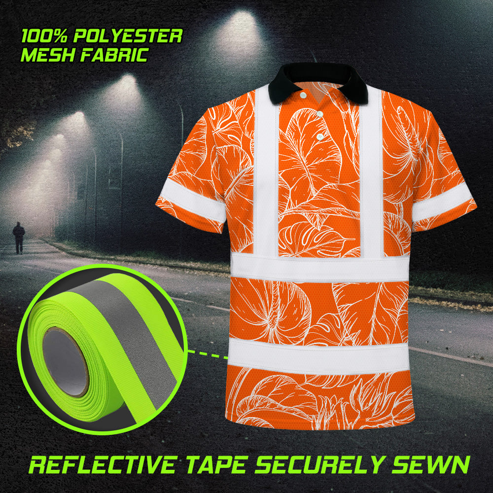 Hi Vis Polo Shirt Reflective Tapes Orange Neon Flowers Custom Name Safety Workwear For Workers, Truckers, Operators