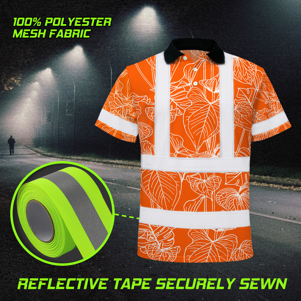 Hi Vis Polo Shirt Reflective Tapes Orange Neon Flowers Custom Name Safety Workwear For Workers, Truckers, Operators