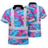Hi Vis Polo Shirt Reflective Tapes Pink Neon And Blue Flowers Custom Name Safety Workwear For Workers, Truckers, Operators