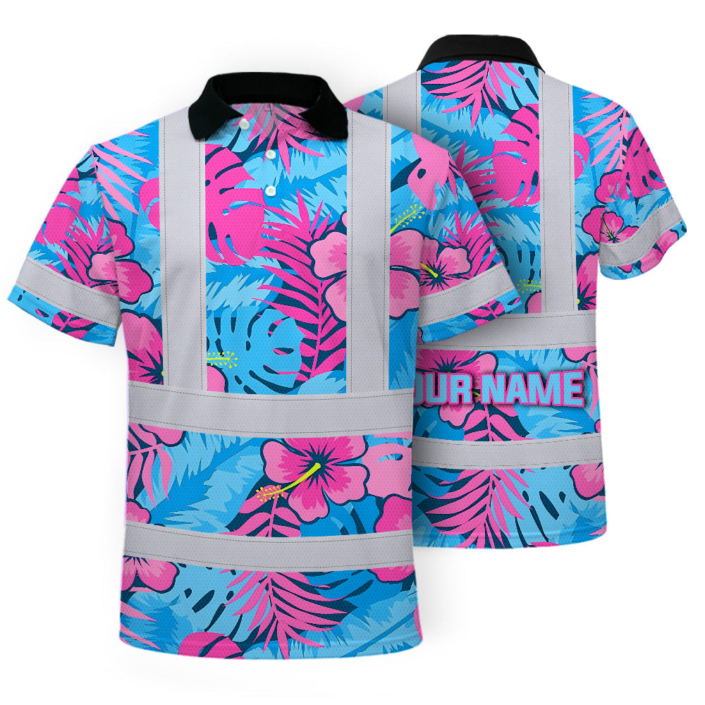 Hi Vis Polo Shirt Reflective Tapes Pink Neon And Blue Flowers Custom Name Safety Workwear For Workers, Truckers, Operators