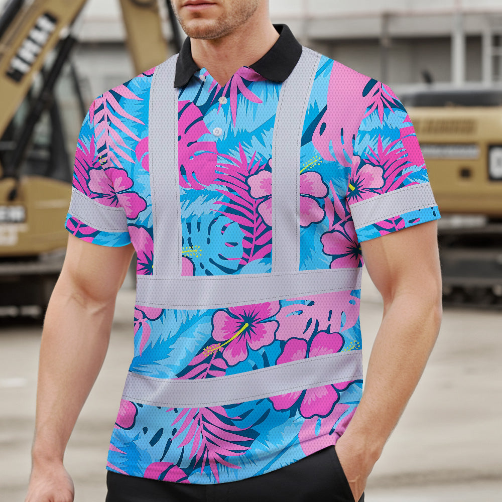 Hi Vis Polo Shirt Reflective Tapes Pink Neon And Blue Flowers Custom Name Safety Workwear For Workers, Truckers, Operators