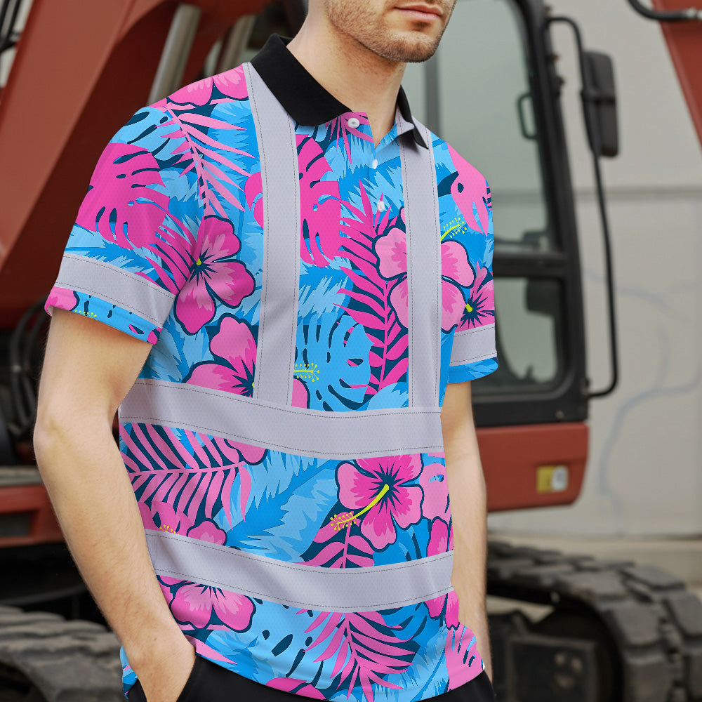 Hi Vis Polo Shirt Reflective Tapes Pink Neon And Blue Flowers Custom Name Safety Workwear For Workers, Truckers, Operators