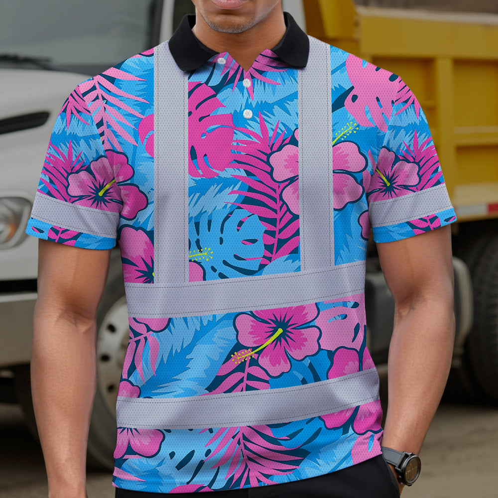 Hi Vis Polo Shirt Reflective Tapes Pink Neon And Blue Flowers Custom Name Safety Workwear For Workers, Truckers, Operators
