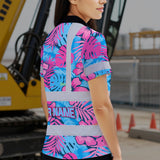Hi Vis Polo Shirt Reflective Tapes Pink Neon And Blue Flowers Custom Name Safety Workwear For Workers, Truckers, Operators