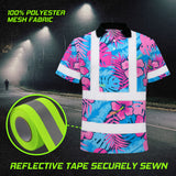 Hi Vis Polo Shirt Reflective Tapes Pink Neon And Blue Flowers Custom Name Safety Workwear For Workers, Truckers, Operators