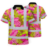 Hi Vis Polo Shirt Reflective Tapes Pink Neon And Lime Flowers Custom Name Safety Workwear For Workers, Truckers, Operators
