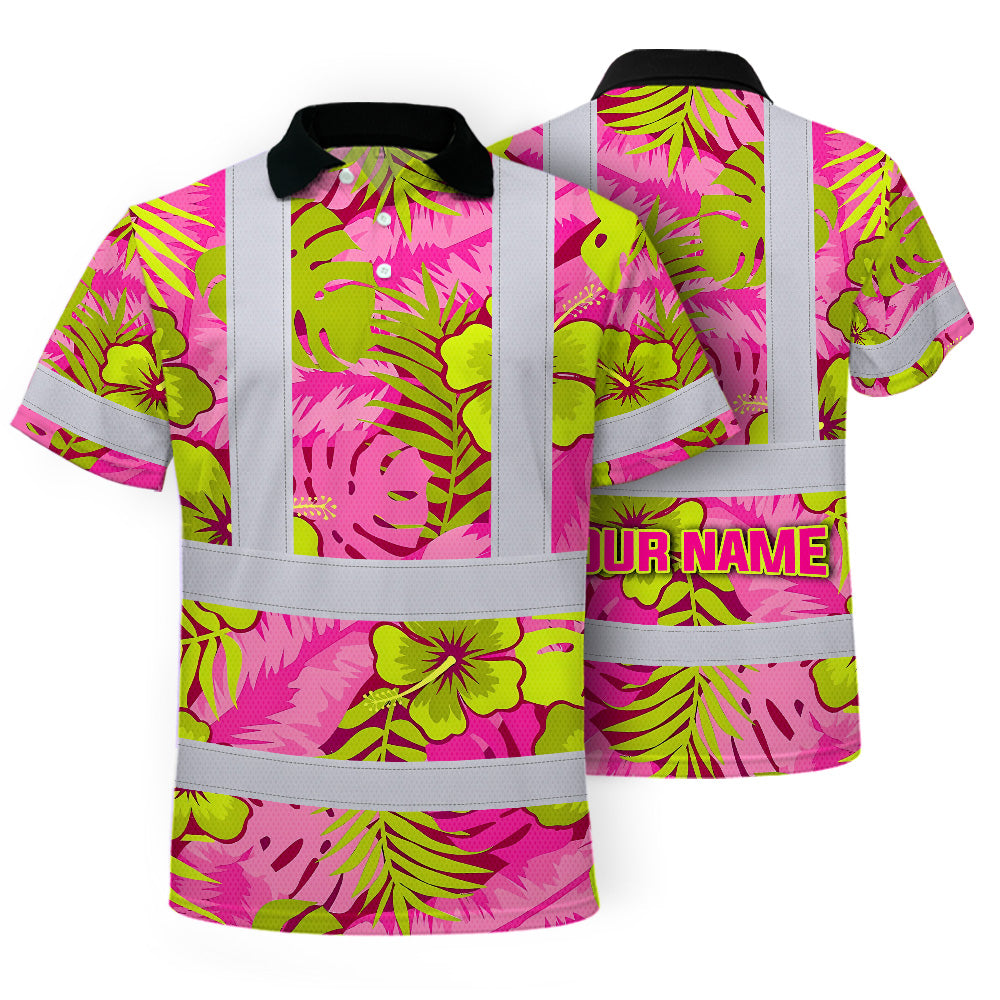 Hi Vis Polo Shirt Reflective Tapes Pink Neon And Lime Flowers Custom Name Safety Workwear For Workers, Truckers, Operators