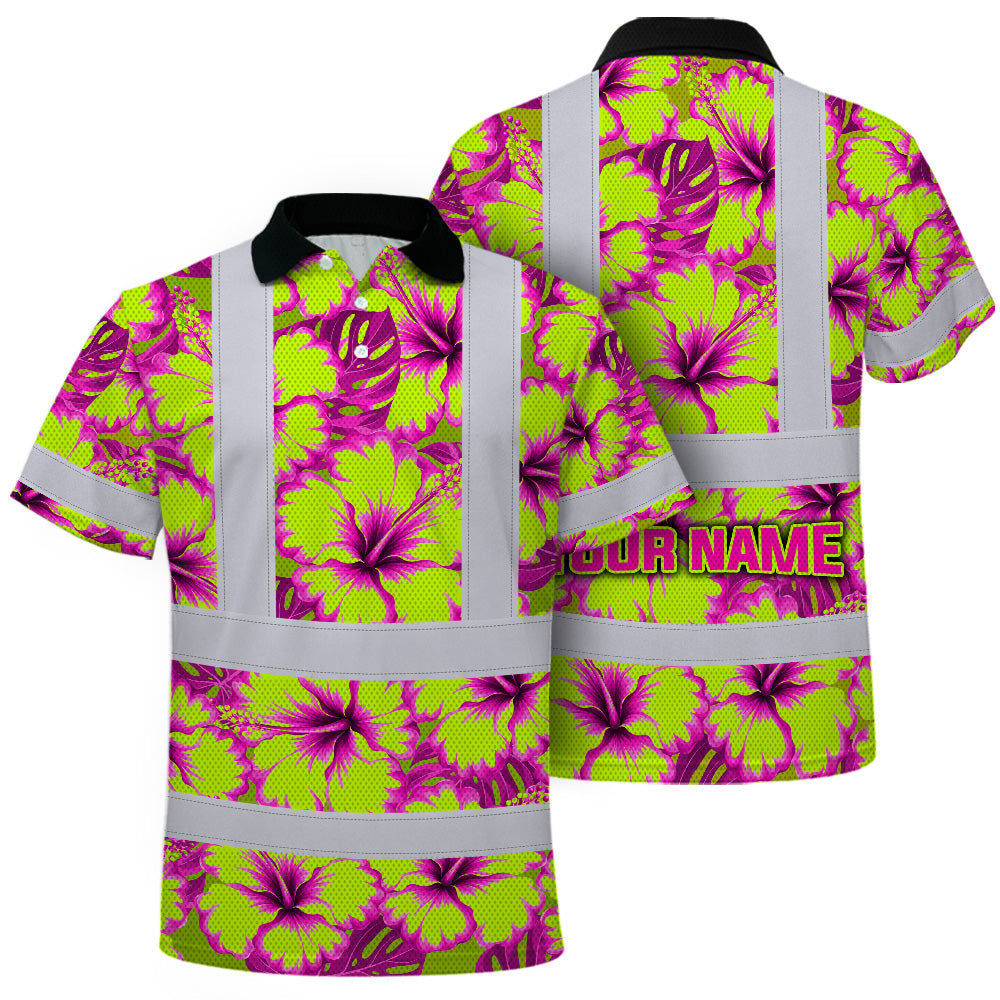 Hi Vis Polo Shirt Reflective Tapes Pink Neon And Lime Flowers Custom Name Safety Workwear For Workers, Truckers, Operators