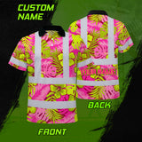 Hi Vis Polo Shirt Reflective Tapes Pink Neon And Lime Flowers Custom Name Safety Workwear For Workers, Truckers, Operators