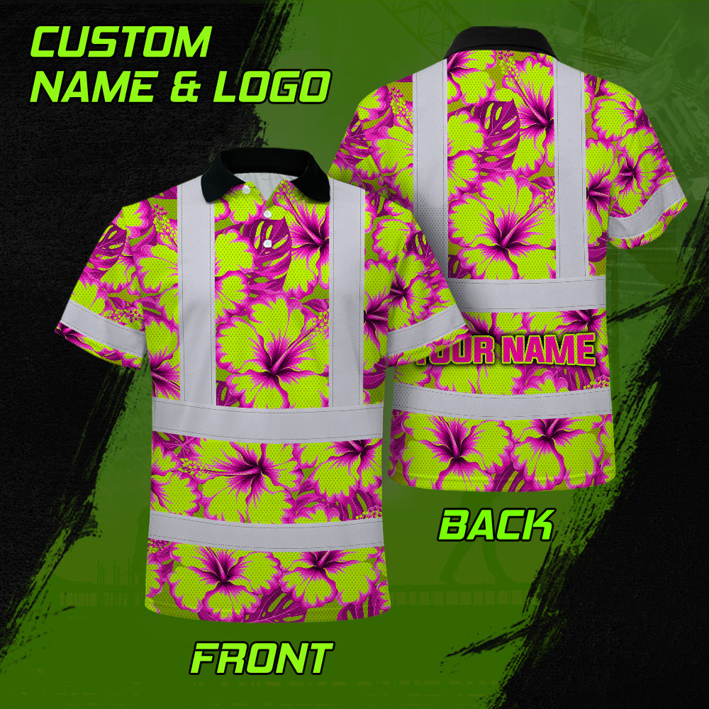 Hi Vis Polo Shirt Reflective Tapes Pink Neon And Lime Flowers Custom Name Safety Workwear For Workers, Truckers, Operators
