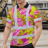 Hi Vis Polo Shirt Reflective Tapes Pink Neon And Lime Flowers Custom Name Safety Workwear For Workers, Truckers, Operators