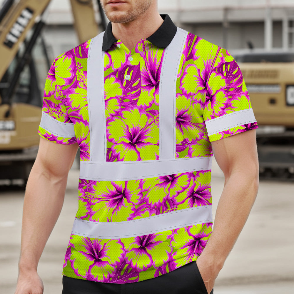 Hi Vis Polo Shirt Reflective Tapes Pink Neon And Lime Flowers Custom Name Safety Workwear For Workers, Truckers, Operators