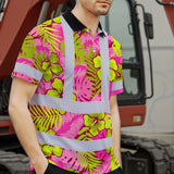 Hi Vis Polo Shirt Reflective Tapes Pink Neon And Lime Flowers Custom Name Safety Workwear For Workers, Truckers, Operators
