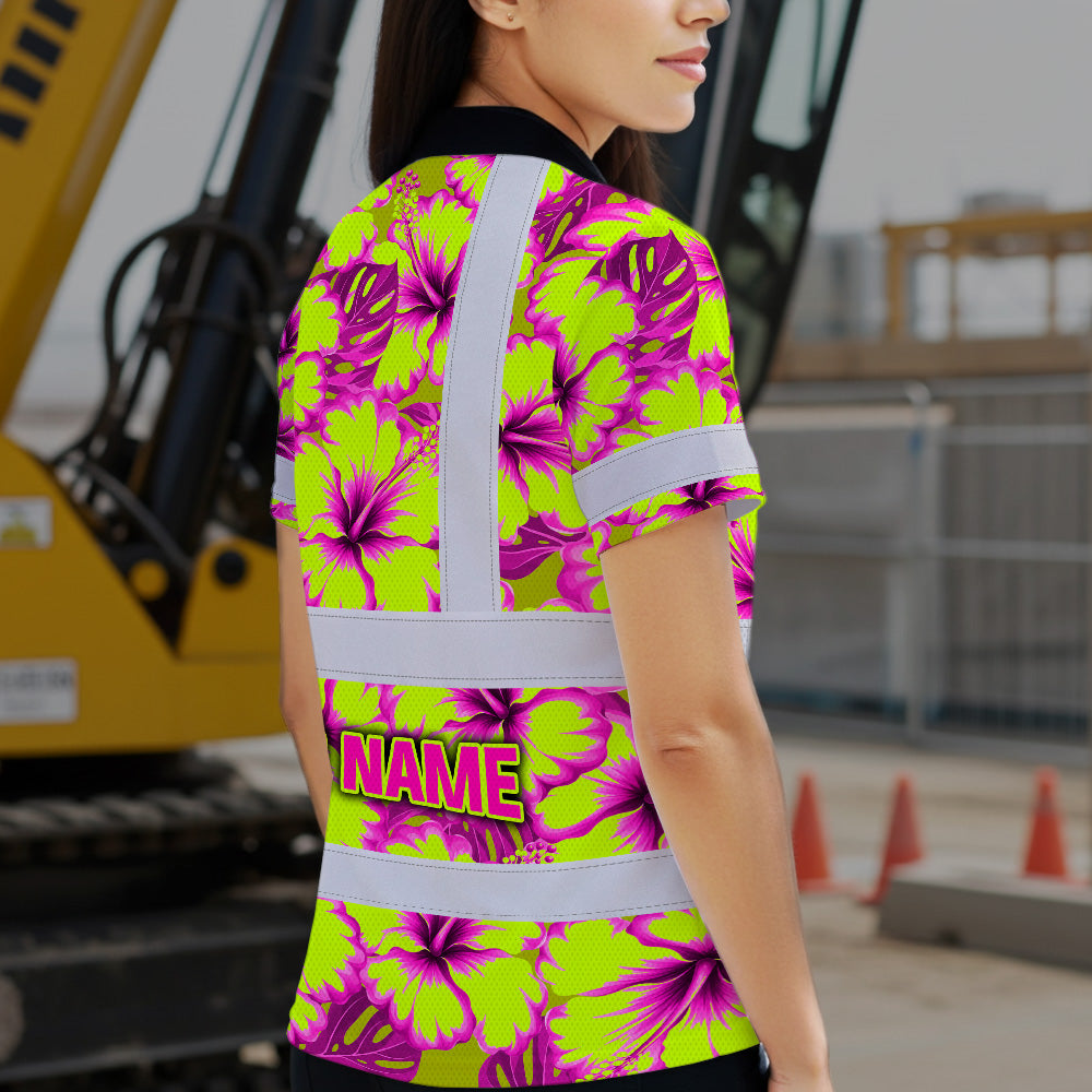 Hi Vis Polo Shirt Reflective Tapes Pink Neon And Lime Flowers Custom Name Safety Workwear For Workers, Truckers, Operators