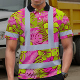 Hi Vis Polo Shirt Reflective Tapes Pink Neon And Lime Flowers Custom Name Safety Workwear For Workers, Truckers, Operators