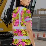 Hi Vis Polo Shirt Reflective Tapes Pink Neon And Lime Flowers Custom Name Safety Workwear For Workers, Truckers, Operators