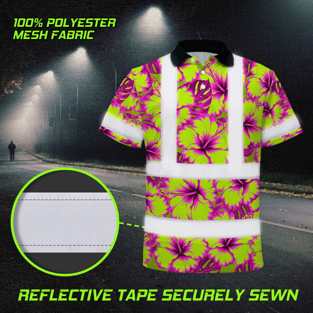 Hi Vis Polo Shirt Reflective Tapes Pink Neon And Lime Flowers Custom Name Safety Workwear For Workers, Truckers, Operators