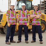 Hi Vis Polo Shirt Reflective Tapes Pink Neon And Lime Flowers Custom Name Safety Workwear For Workers, Truckers, Operators