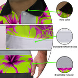 Hi Vis Polo Shirt Reflective Tapes Pink Neon And Lime Flowers Custom Name Safety Workwear For Workers, Truckers, Operators