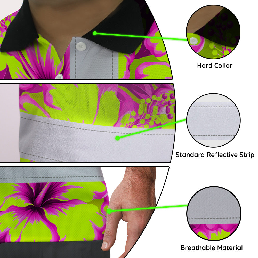 Hi Vis Polo Shirt Reflective Tapes Pink Neon And Lime Flowers Custom Name Safety Workwear For Workers, Truckers, Operators
