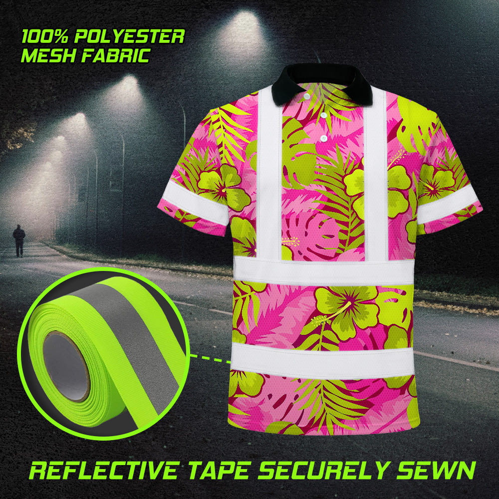 Hi Vis Polo Shirt Reflective Tapes Pink Neon And Lime Flowers Custom Name Safety Workwear For Workers, Truckers, Operators