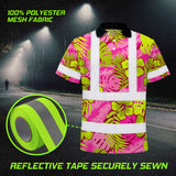 Hi Vis Polo Shirt Reflective Tapes Pink Neon And Lime Flowers Custom Name Safety Workwear For Workers, Truckers, Operators