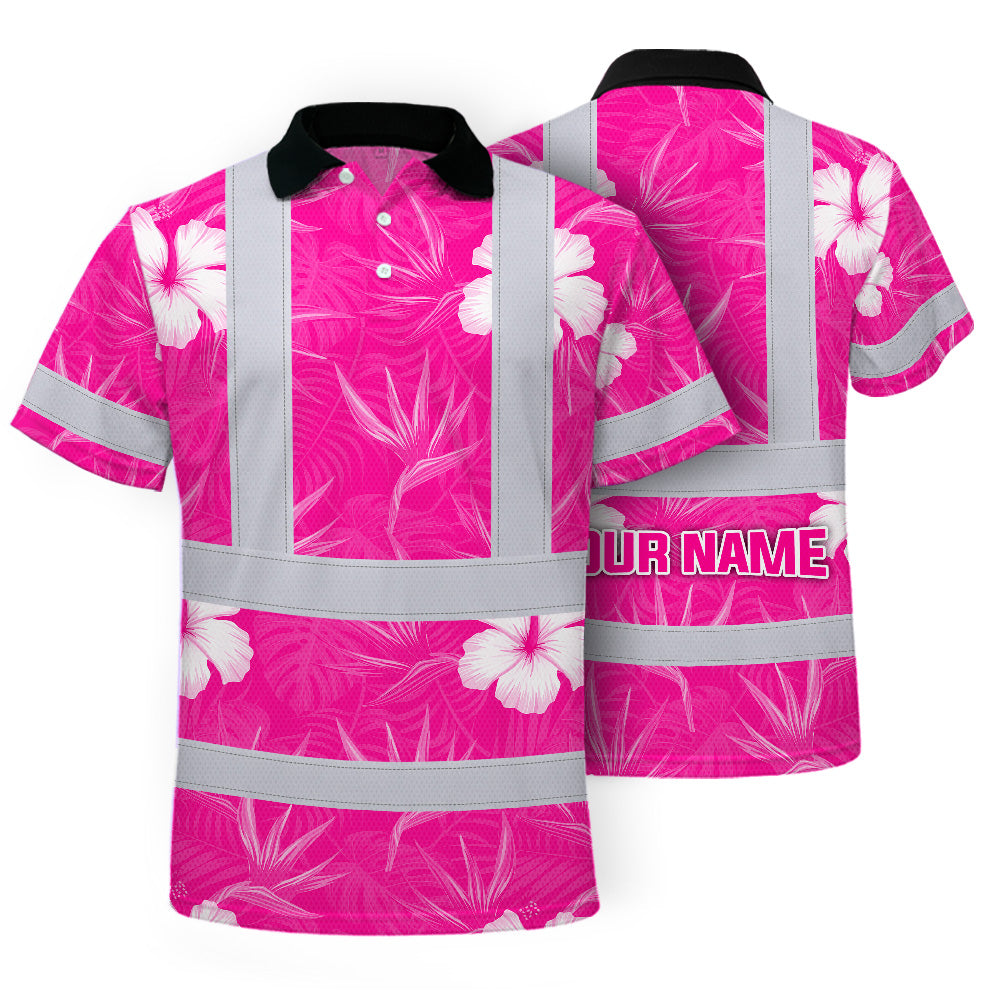 Hi Vis Polo Shirt Reflective Tapes Pink Neon Flowers Custom Name Safety Workwear For Workers, Truckers, Operators